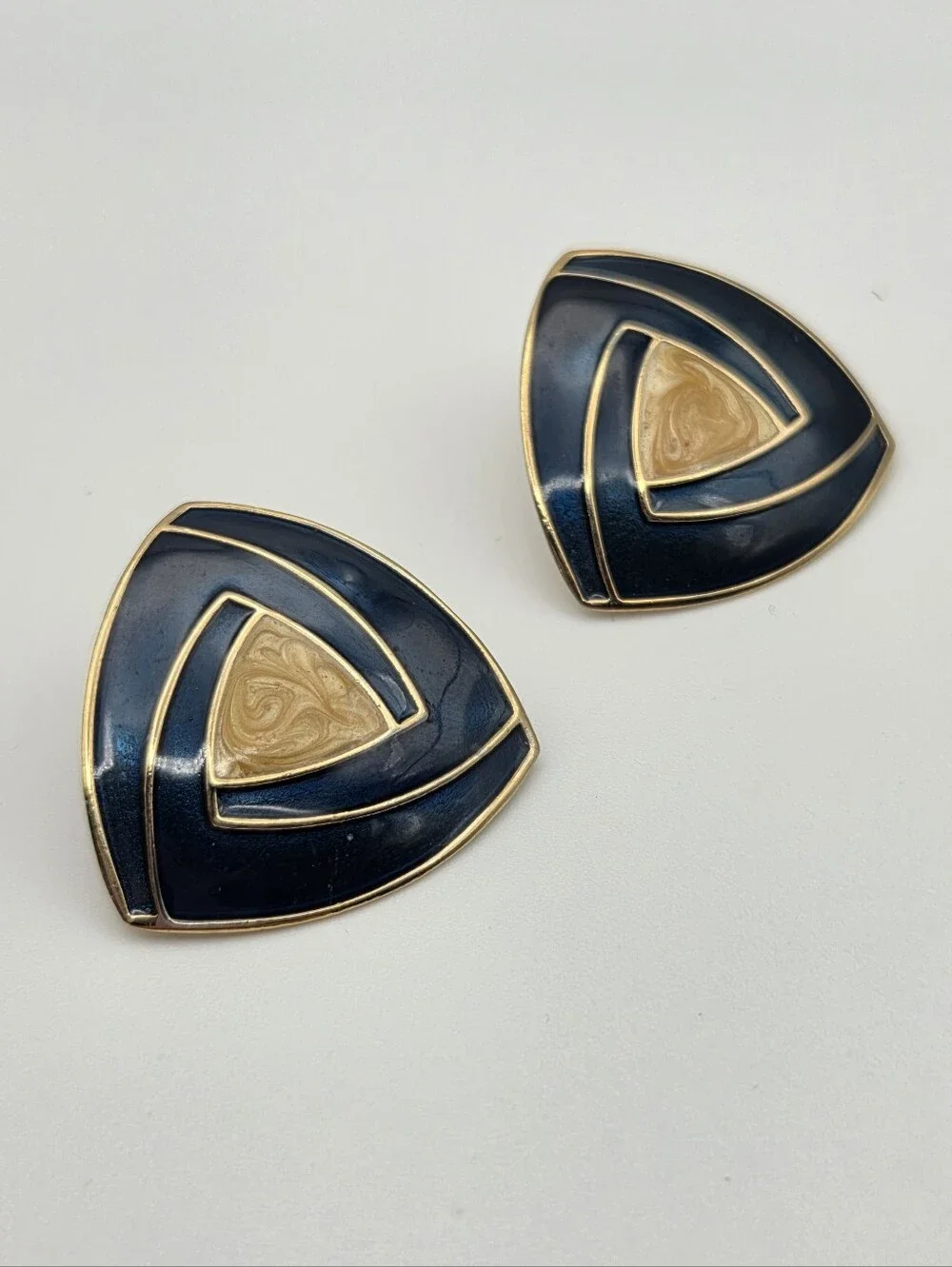 Vintage 1980s Navy & Gold Tone Geometric Statement Earrings